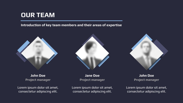 Our team web page with member avatars for business presentation or landing page on dark blue background. Website page template.