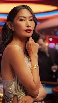 Vertical Screen: Commercial Footage Portrait of a Sophisticated Asian Woman in a Stunning Dress Posing and Looking at Camera in a Glamorous Casino with Gamblers Playing Roulette in Colorful Background