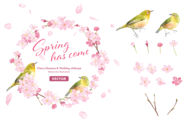 Foto op Canvas 桜とメジロ２羽の丸型フレーム。エレメントセット。水彩イラスト（ベクター。レイアウト変更可能）  © Keiko Takamatsu