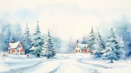Winter landscape with snow covered trees and houses. Watercolor illustration.