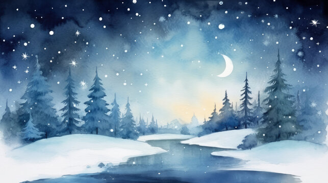 Winter night landscape with moon and starry sky. Watercolor illustration. Christmas and New Year background.