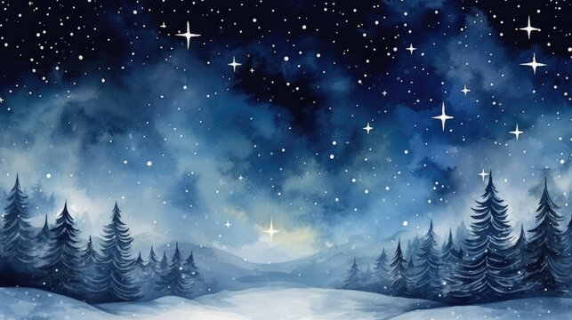 Winter night landscape with fir trees and starry sky. Watercolor illustration.
