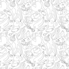 Black and white seamless pattern with simple fruits and vegetables in doodle style. Healthy food concept vector illustration.
