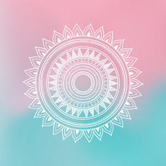 White mandala on gradient pink and blue background, square vector illustration