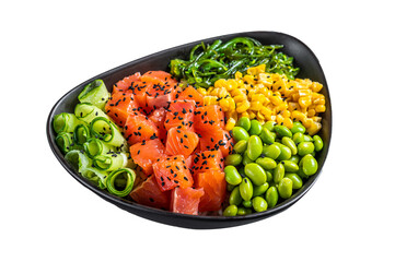 Salmon Poke bowl with Cucumber, Edamame, and Rice.  Transparent background. Isolated.
