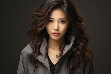 Beautiful young asian woman with long curly hair on black background.
