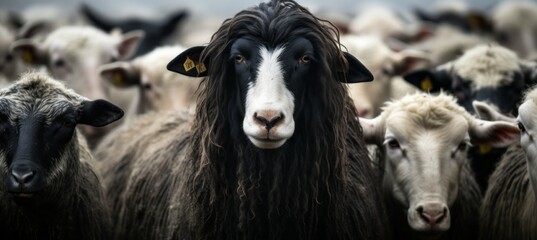 Creepy long hair goat herd. Generative AI technology.	

