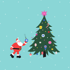 Santa Claus decorates the Christmas tree on a blue background. Cute vector greeting card. - 681483865