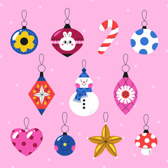 Cute cartoon Christmas Tree decorations vector set.