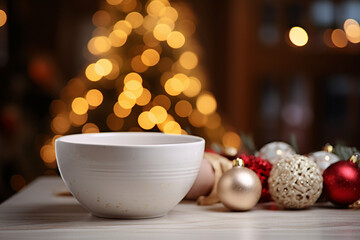 A white bowl in the middle of the counter with Christmas Scene and Christmas present in the background. AI generative