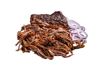 BBQ pulled pork meat on plate. Transparent background. Isolated.