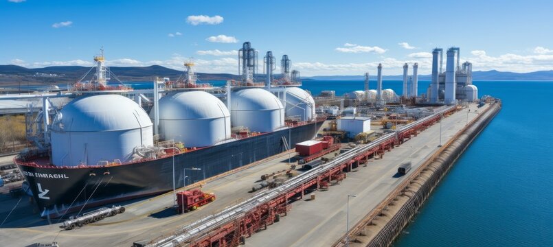 Liquified Natural Gas port tank storage. Generative AI technology.	
