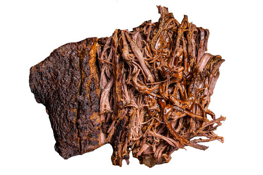 BBQ pulled pork meat on plate.  Transparent background. Isolated.