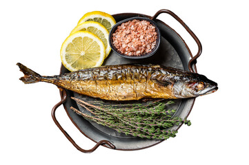 Baked Mackerel Scomber fish in steel tray with thyme and lemon. Transparent background. Isolated.