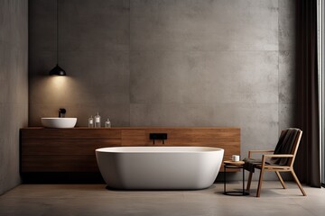 Fototapeta na wymiar minimalistic bathroom with gray concrete walls and wooden furniture