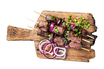 Shashlik grilled meat skewers, shish kebab with beef and lamb meat, onion and herbs.  Transparent...