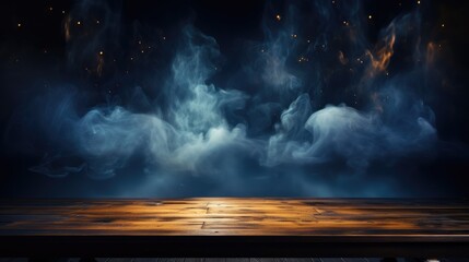 empty wooden table with smoke float up on gold and dark blue lighting background, Generative AI