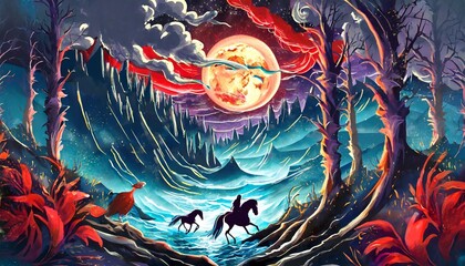 forest, night, red moon, stormy sea, lightning, swords, fire, ice, flowers, horse