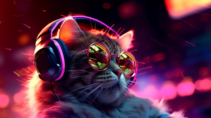 Fashionable cat with headphones in a nightclub with copy space