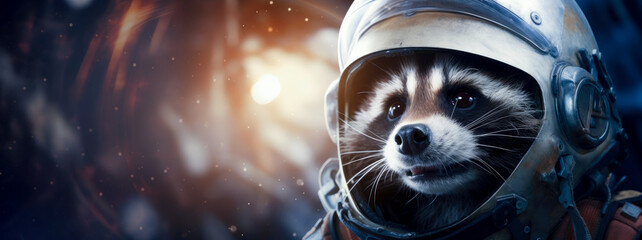 Funny raccoon astronaut in space close-up