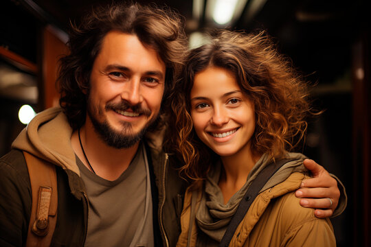 Young couple embracing inside a camper at golden hour.