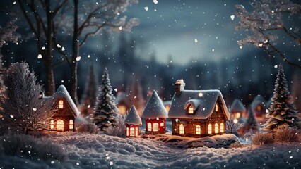 Christmas fairy-tale scene - a doll's village in a doll's forest. It is snowing. Cozy festive winter atmosphere.