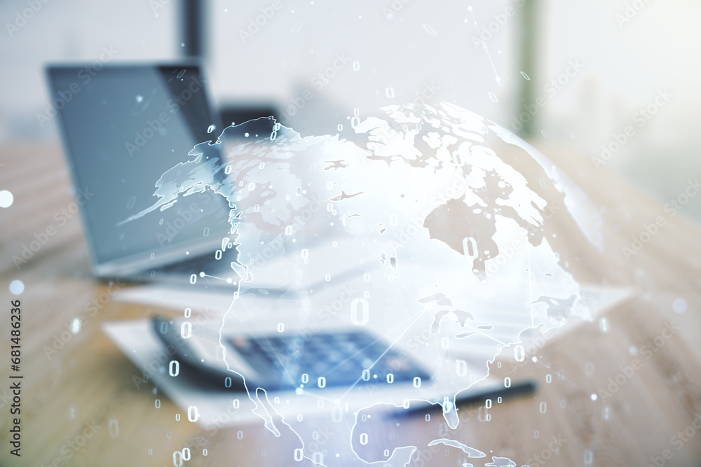 Poster multi exposure of abstract software development hologram and world map on blurry calculator with lap