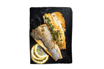 Roast sea bass fillet with lemon and thyme, seabass fish.  Transparent background. Isolated.