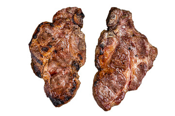 Grilled Pork steaks, neck meat on grill pan.  Transparent background. Isolated.