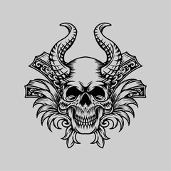 Skull engraving ornament artwork tattoo and t-shirt design hand drawn vector illustration