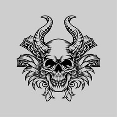 Skull engraving ornament artwork tattoo and t-shirt design hand drawn vector illustration