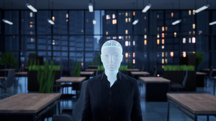 A robot humanoid staying in the empty office and looking out the window at the big night city. future technology concept - obrazy, fototapety, plakaty