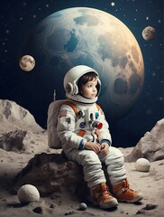 A boy as an astronaut sitting on moon
