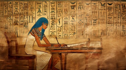 an image of an Egyptian scribe at work, recording important information on papyrus - obrazy, fototapety, plakaty
