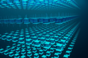 Fototapeta premium Abstract cubes, blockchain or digital network. Blue illumintaed and transparent cubes. Computer , technology, science. 3D illustration