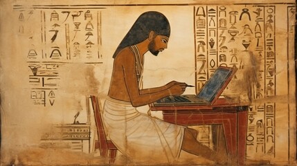 an image of an Egyptian scribe at work, recording important information on papyrus - obrazy, fototapety, plakaty