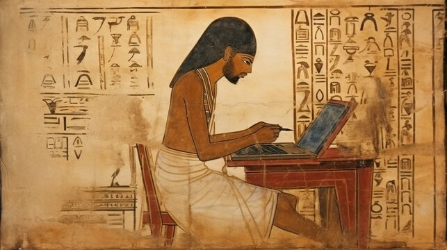 an image of an Egyptian scribe at work, recording important information on papyrus