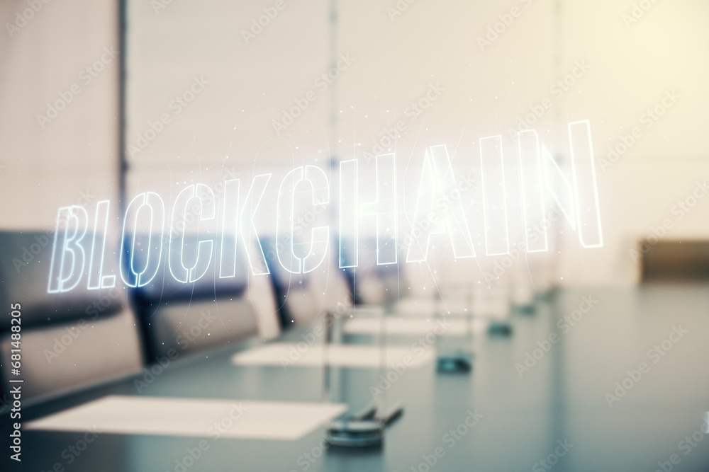 Poster abstract virtual blockchain technology sketch on a modern boardroom background, future technology an