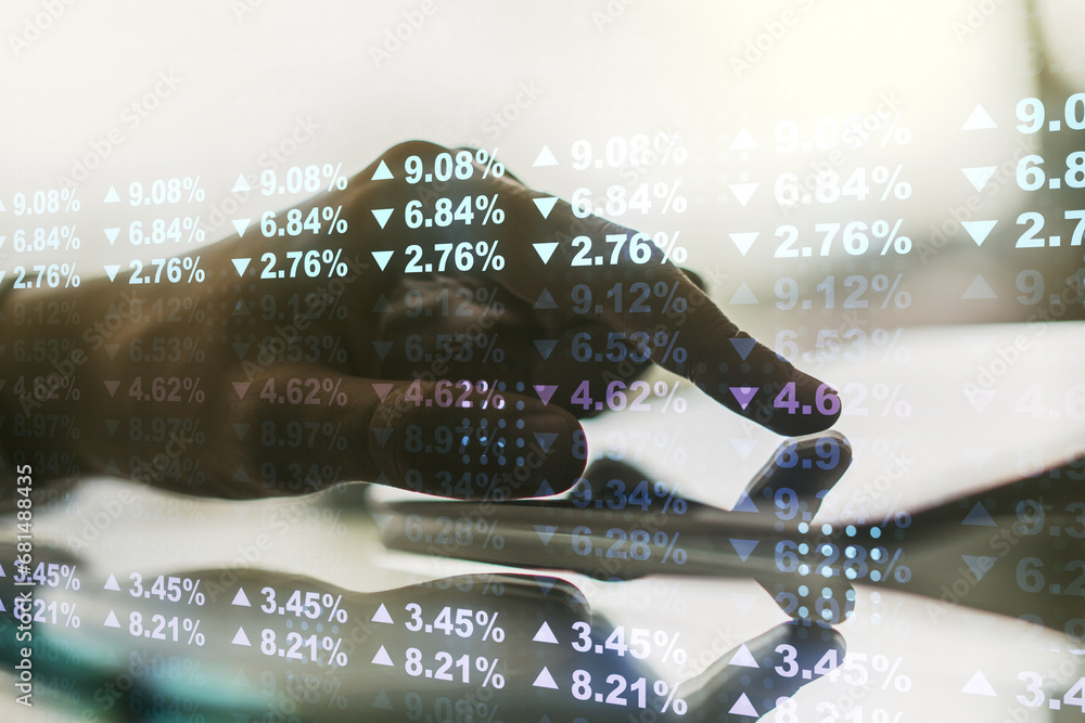 Aufkleber multi exposure of abstract statistics data hologram interface and hand working with a digital tablet