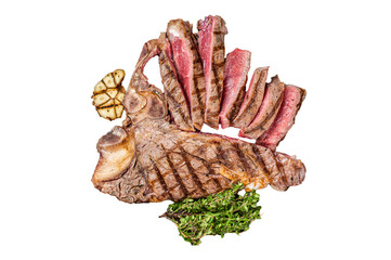 Grilled Medium rare Porterhouse, T-Bone Steak sliced in a plate.  Transparent background. Isolated.