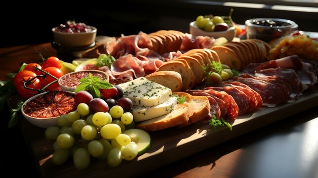 Antipasto catering platter, with salami, prosciutto credo or jamon and grapes