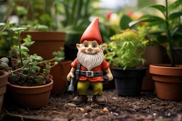  Garden gnome, a statue of a gnome on the lawn in the garden. Flowers. - obrazy, fototapety, plakaty