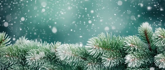 Fototapeta na wymiar close up snow-covered fir green branches and snowfall flakes, Christmas banner background, Generative AI