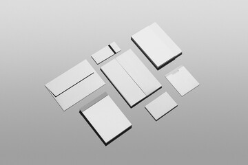 Branding identity clean mockup template, real photo, book, folder, notebook, business card, envelope. Blank isolated on a white background to place your design. 