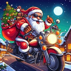 Santa Claus delivers gifts on a motorcycle