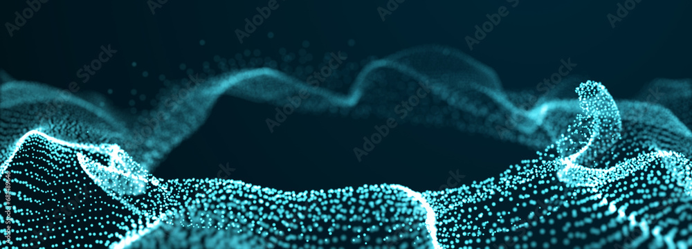 Fototapete Abstract background of points. Wave of cyber particles. Big data stream. 3d rendering