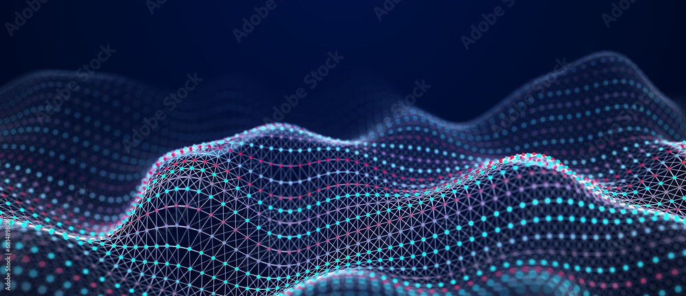 Fototapete Abstract blue background of points and lines. Wave of particles. Network. Cyber structure. Big data stream. 3d rendering