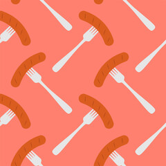 Sausage on a fork seamless pattern on color background. seamless pattern with grilled sausage on fork for kitchen, textiles, wallpaper, clothes and other