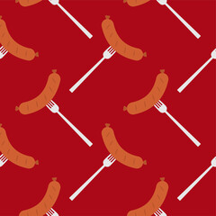 Sausage on a fork seamless pattern on color background. seamless pattern with grilled sausage on fork for kitchen, textiles, wallpaper, clothes and other