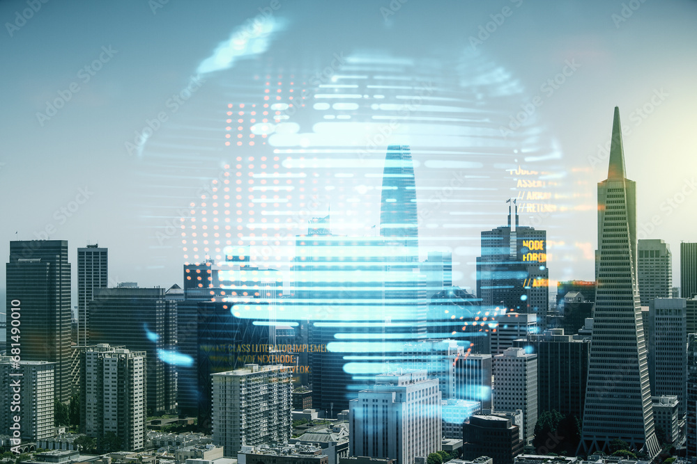 Poster double exposure of abstract programming language hologram and world map on san francisco city skyscr
